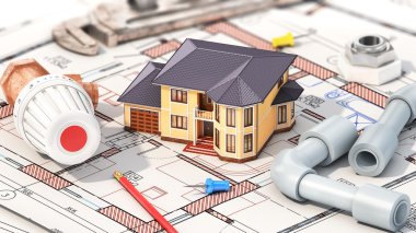 İnşaat kavramı. House için Isıtma projesi. P ile ev