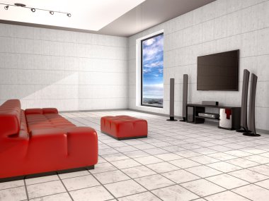 Home cinema room with red sofa. 3d illustration clipart