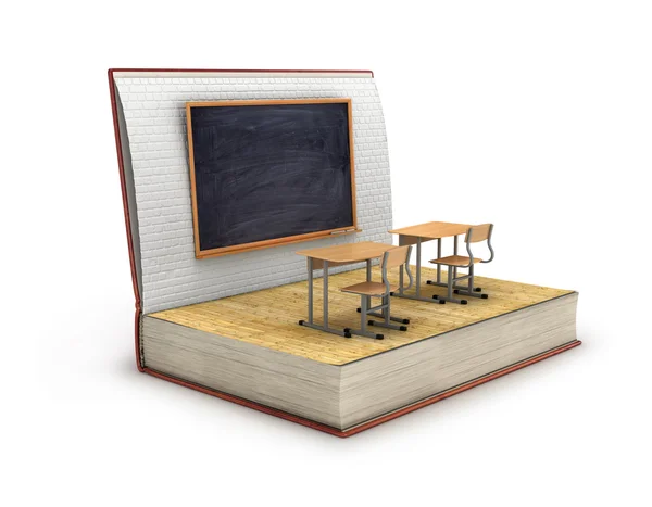 Concept de connaissance, bureau d'école et tableau noir avec plancher de bois — Photo