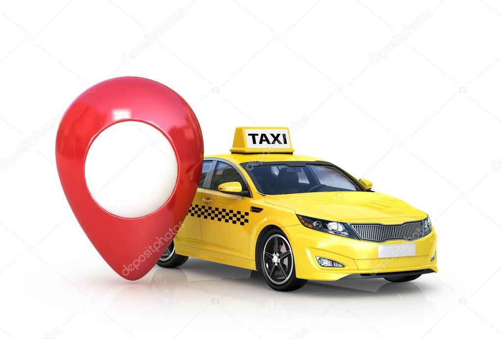 Taxi car on white background and red gps . 3d illustration.