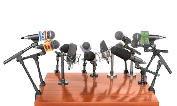 Concepto de prensa. Conferencia reunión micrófonos con tribuna en wh — Foto de Stock