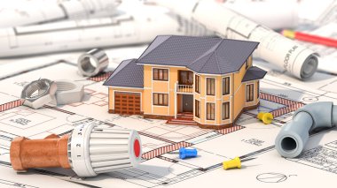 İnşaat kavramı. House için Isıtma projesi. P ile ev