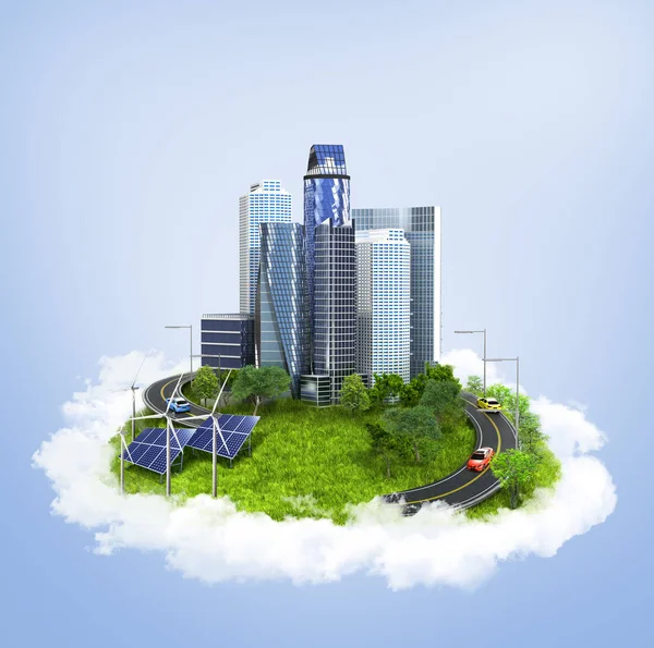 De stad op een eiland in de wolken drijven. Ecologie. 3D illustrati — Stockfoto