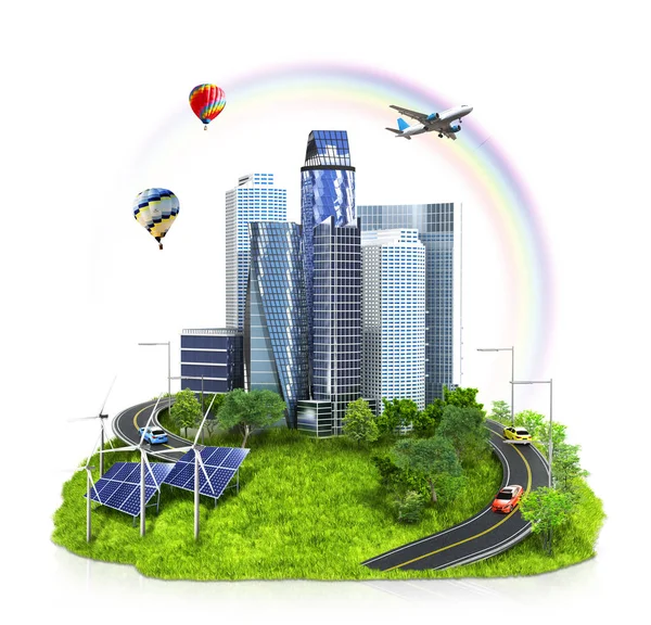 De stad op een eiland in de wolken drijven. Ecologie. 3D illustrati — Stockfoto