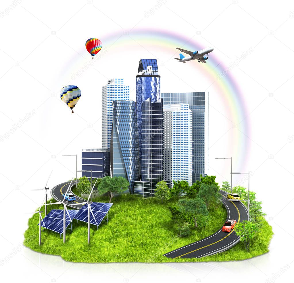 City on an island floating in the clouds. Ecology. 3d illustrati