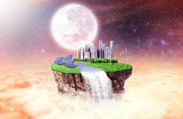 Concept of freedom. Island in sky with future city, solar panels — Stock Photo, Image