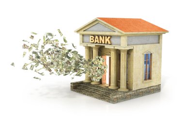 Ekonomi kavramı. Para banka binada kapıdan uçan. De