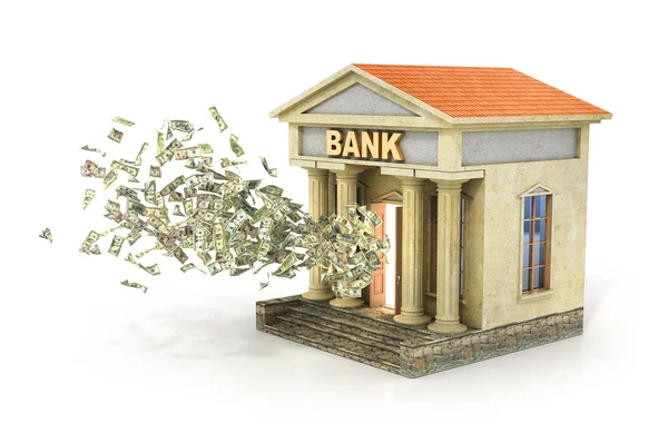 Finance concept. Money flying from door in the bank building. De — Stock Photo, Image