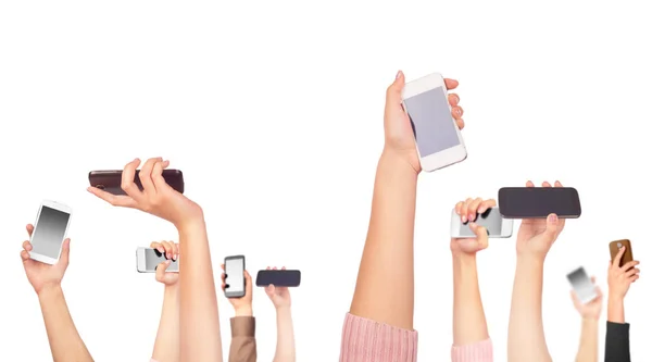 Many hands holding mobile phones on white — Stock Photo, Image