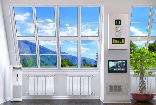 Big windows in the room with heating and smart technology. 3D il — Stock Photo, Image