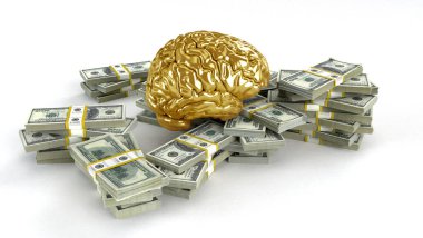 İnsan altın beyin whith büyük yığınlar üzerinde beyaz izole dolar. 