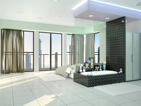 Ložnice s en-suite v moderním stylu. 3D obrázek — Stock fotografie