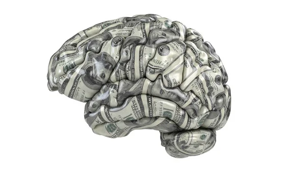 Cerebro humano con textura de dólares aislada en blanco. Concepto 3d —  Fotos de Stock