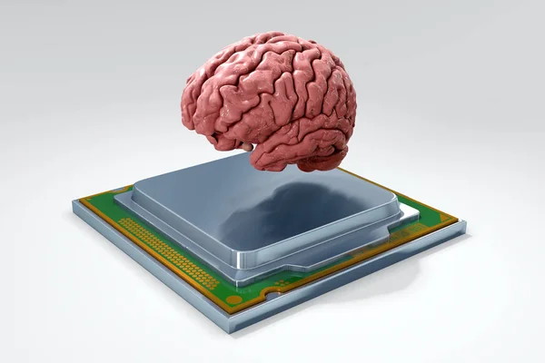 Ludzki mózg z procesora komputera na białym tle. Koncepcja 3 — Zdjęcie stockowe