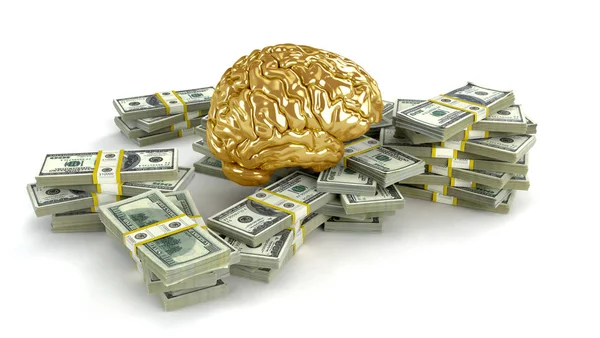 흰색 절연 하는 달러의 금 뇌 whith 큰 스택. — 스톡 사진