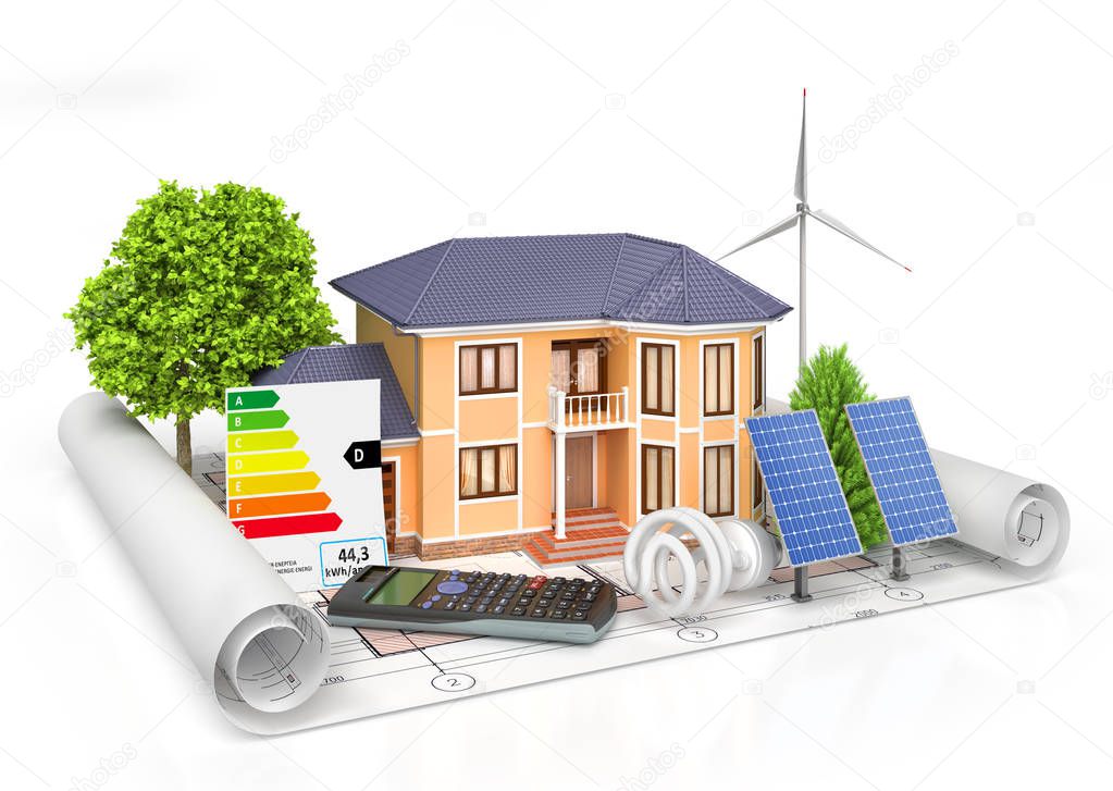 Energy efficient construction. House with calculator, solar pane
