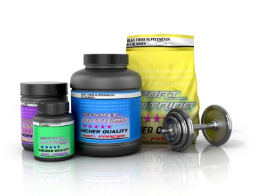 Spor ve beslenme beyaz bir arka plan üzerinde dumbbells ile. 3D illust