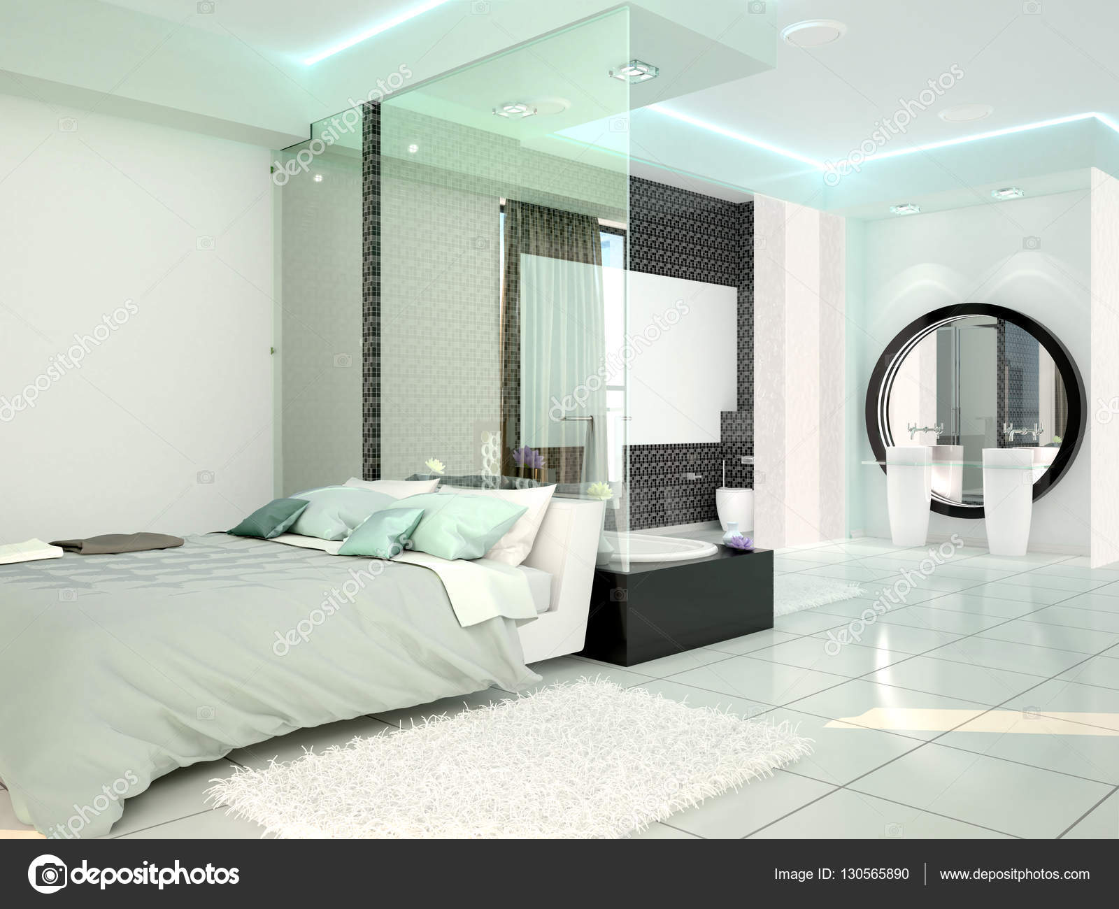 slaapkamer met badkamer in een moderne high-tech-stijl. 3D ... slaapkamer met badkamer in een moderne high-tech-stijl. 3D ...