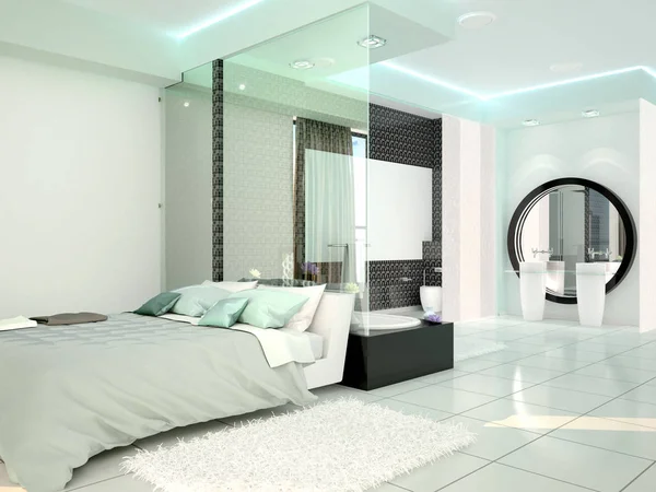 Спальня с ванной комнатой в современном высокотехнологичном стиле. 3D-иллюстрации — стоковое фото