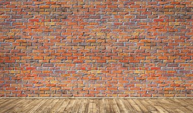 Kırmızı tuğlalı duvarı ve ahşap zemini olan boş bir oda. 3d illüstrasyon