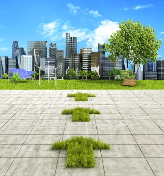Çimenlerin üzerinde betonun, gelen yeşil okları gösterir bir environ — Stok fotoğraf