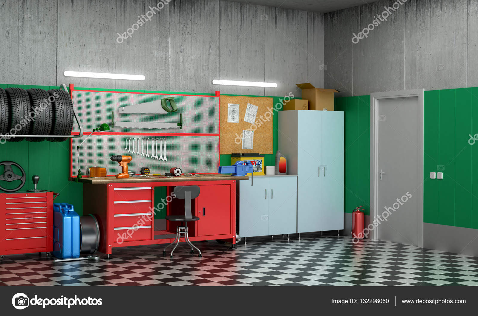 Interieur garage met auto-onderdelen en gereedschappen. 3D ... Interieur garage met auto-onderdelen en gereedschappen. 3D ...