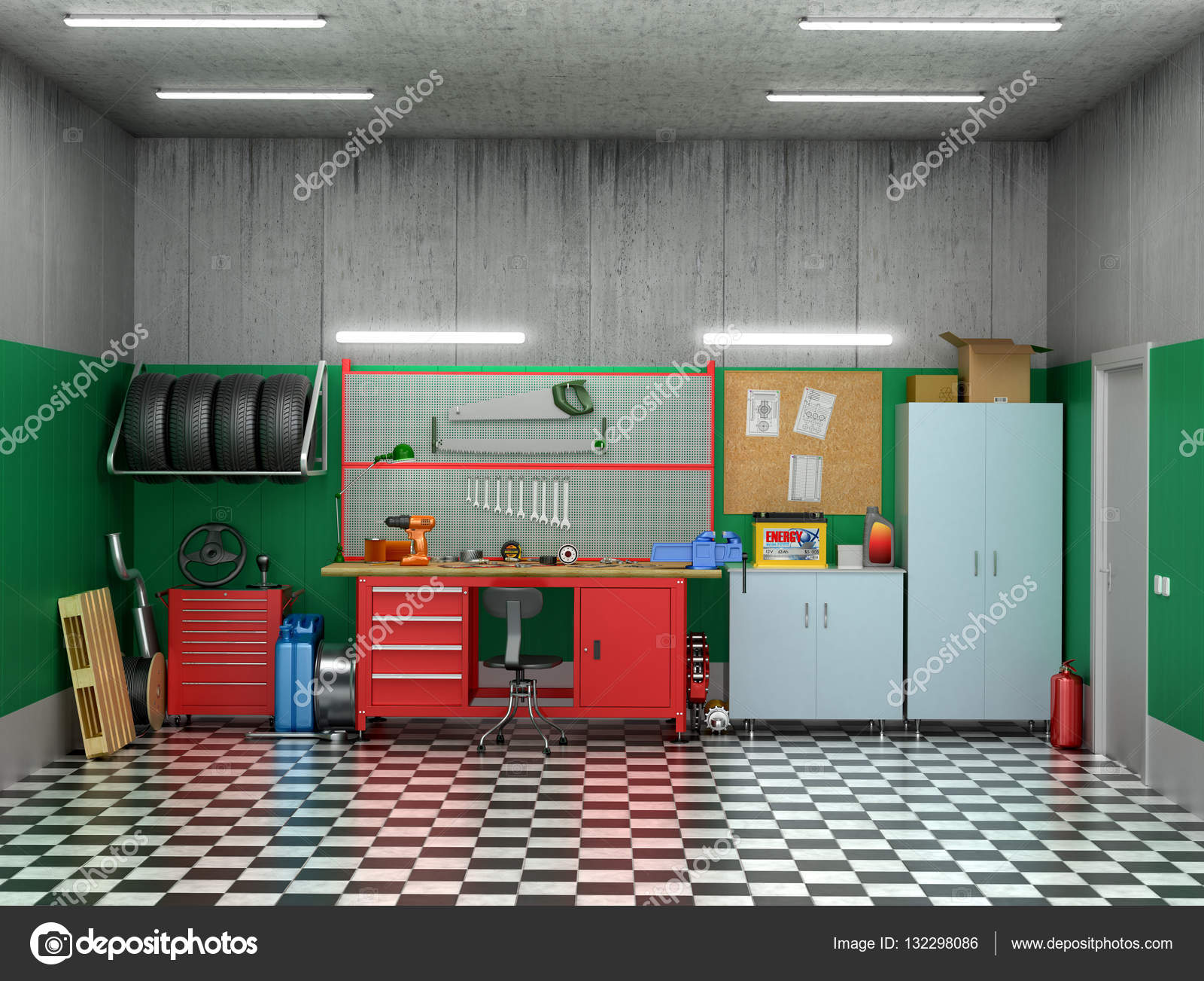 Interieur garage met auto-onderdelen en gereedschappen. 3D ... Interieur garage met auto-onderdelen en gereedschappen. 3D ...