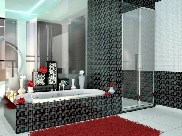 Luksusowa łazienka w kolorach czarnym i białym. ilustracja 3D — Zdjęcie stockowe