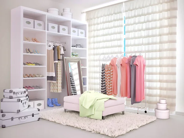 Habitación luminosa con armario y ropa. ilustración 3d — Foto de Stock