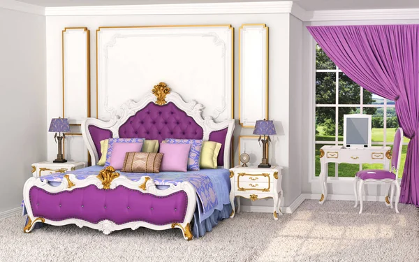 Baroque in the interior. Luxurious bedroom with bed and wall dec — Stock Photo, Image