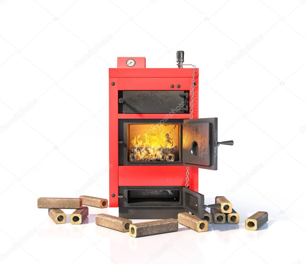 Solid fuel boiler with burning briquettes. Isolated on white bac