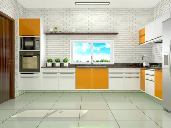 明亮的厨房里，在现代的风格。3d 图 — 图库照片