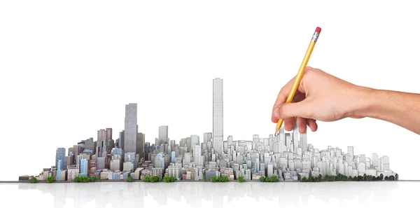 Skyline urbano. Mano con matita in processo di disegno città Horiz — Foto Stock