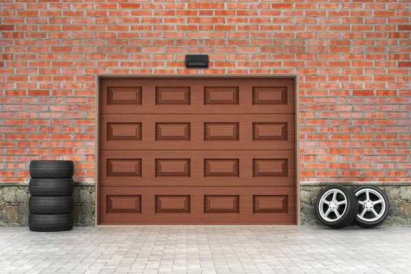 Garage concept. Garagedeuren en band rond. 3D illustratie — Stockfoto