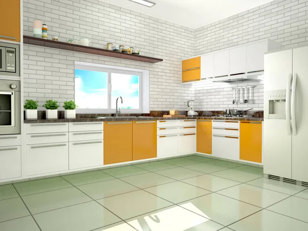 Яркая кухня в современном стиле. 3d иллюстрация — стоковое фото