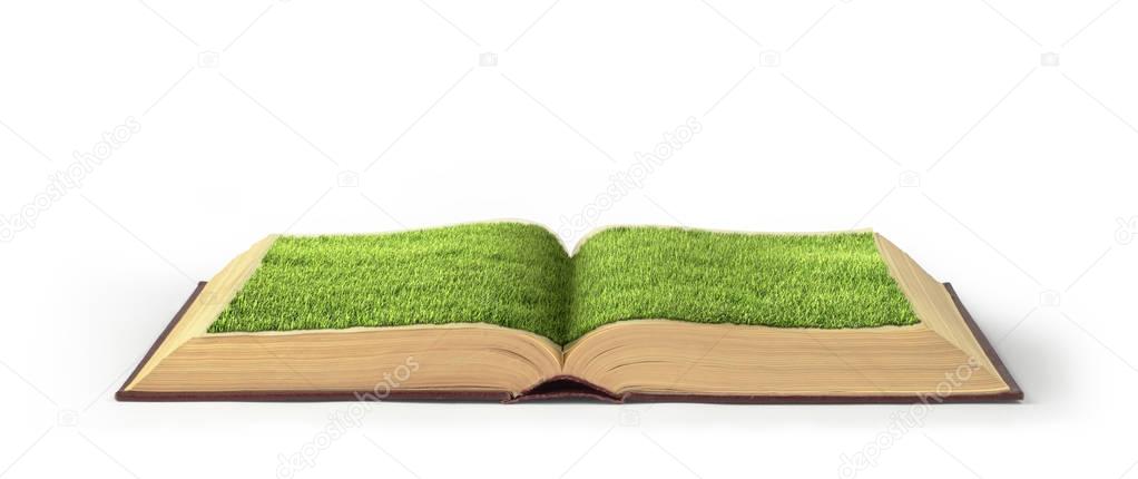 Open book covered grass isolated on a white background