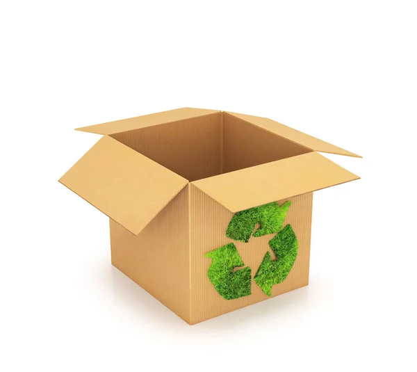 Box kartong, med gröna återvinna skylt isolerad på vita bakgr — Stockfoto