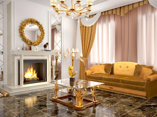 Luxueux salon avec cheminée. Illustration 3d — Photo