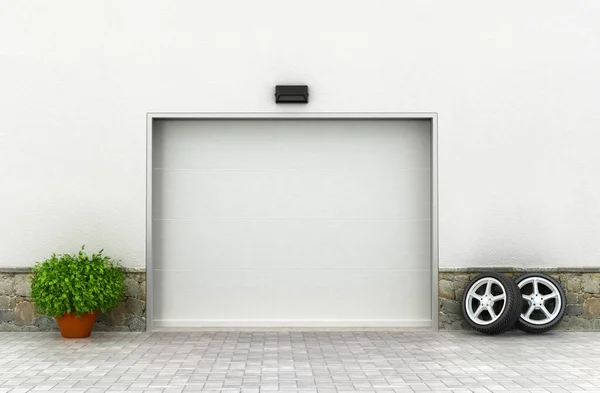 Garagenkonzept. Garagentore und Reifen mit Pflanzen drumherum. 3D-Illusion — Stockfoto