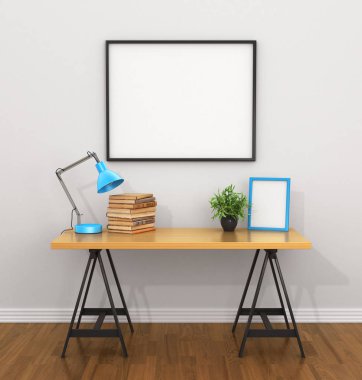 Bir lamba ile Resepsiyon yakınındaki gri duvardaki beyaz boş poster b