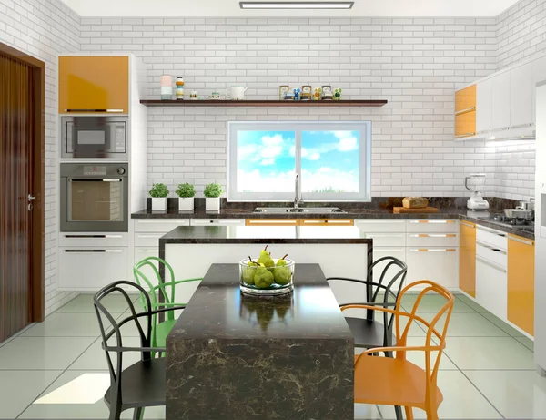 Bright kitchen with a dining area in a modern style. 3d illustra — Stock Photo, Image