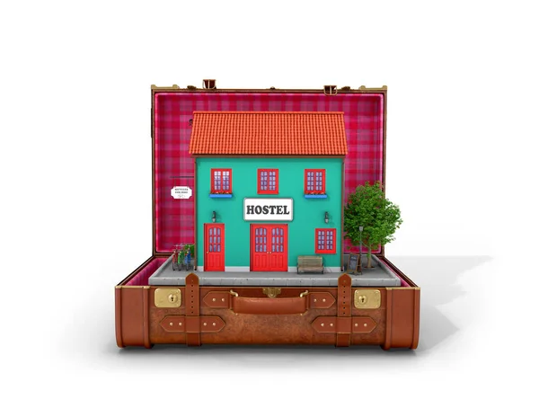 Hostel Building is located in a retro leather suitcase on a whit — Stock Photo, Image