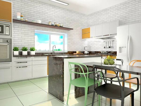 Lichte keuken met eethoek. 3D illustratie — Stockfoto