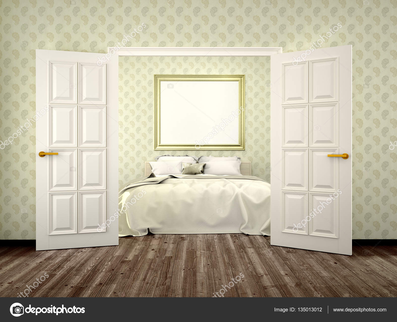Schlafzimmer mit offenen Türen und eine Leinwand an der Wand. 3D ... Schlafzimmer mit offenen Türen und eine Leinwand an der Wand. 3D ...