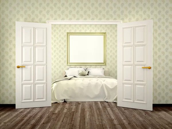 Chambre avec portes ouvertes et une toile sur le mur. Illustration 3d — Photo