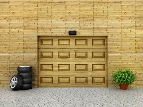 Garage concept. Garagedeuren en band met plant rond. 3D illu — Stockfoto