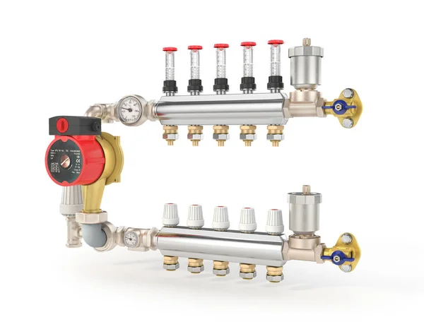 Kolektor, kolektor, system ogrzewania podłogowego ogrzewania. 3D i — Zdjęcie stockowe