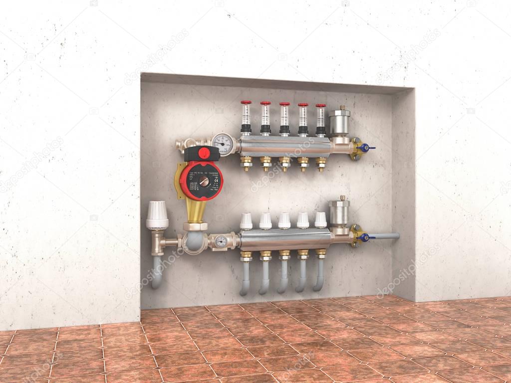 Collector, manifold, heating system for underfloor heating in th