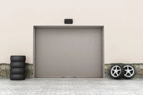 ガレージのコンセプトです。ガレージのドアとタイヤ周り。3 d イラストレーション — ストック写真