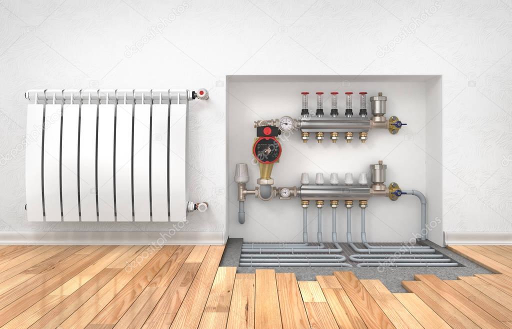 Heating concept. Underfloor heating with collector in the room. 